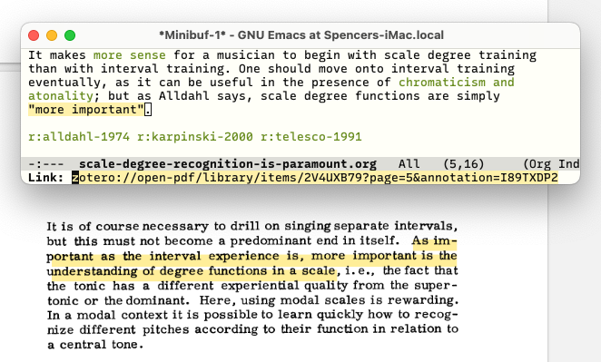 A screenshot of my Emacs and Zotero setup, showing how linked words in my notes correspond to a highlight in a paper I'm reading.